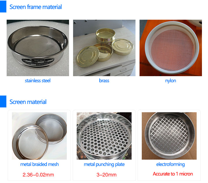 Classification of test sieve shaker sieve frame and screen